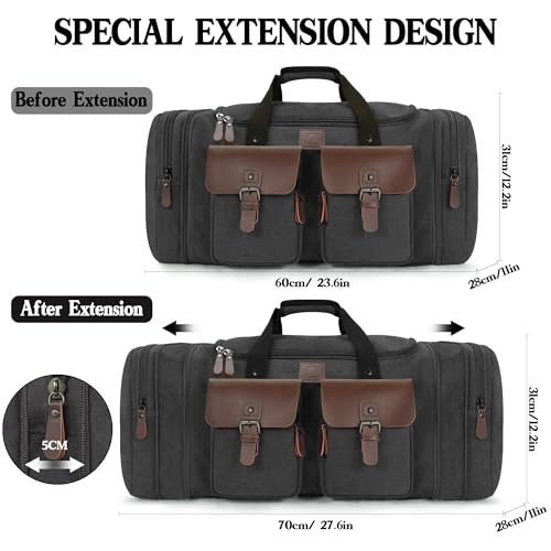 Canvas Duffle Bag for Men - 60L Expandable Travel Duffel Bags - color: Black, size: X Large-60L
