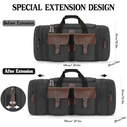 Canvas Duffle Bag for Men - 60L Expandable Travel Duffel Bags - color: Black, size: X Large-60L