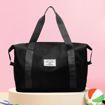Travel Duffel Bag For Women and Men Waterproof Expandable Travel Bag Weekender Overnight Carry on Tote - color: black