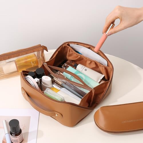Travel Makeup Bag Cosmetic Bags for Women 3-Set Large Capacity Toiletry Bags with Handle Wide Open Portable Pouch - color: D01-Brown