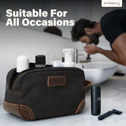 emissary Men's Canvas Travel Toiletry Bag, Leather Dopp Kit - Black - color: Black