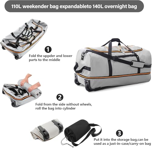 Rolling Duffle Bag with Wheels,110L/140L Expandable Soft-Sided Foldable Duffle Bag with 2 Rubber Wheels,Packable 32” Rolling Carry-On with Pockets & Compartments (Grey) - color: Grey