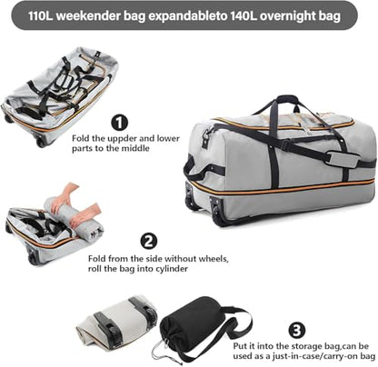 Rolling Duffle Bag with Wheels,110L/140L Expandable Soft-Sided Foldable Duffle Bag with 2 Rubber Wheels,Packable 32” Rolling Carry-On with Pockets & Compartments (Grey) - color: Grey