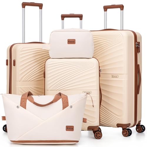 Luggage Sets 5 Piece Hardside Suitcase,Beige (20"/24"/28"/DB/TB) - color: Beige