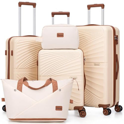 Luggage Sets 5 Piece Hardside Suitcase,Beige (20"/24"/28"/DB/TB) - color: Beige