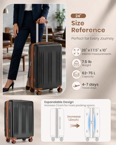 Kono 24 Inch Expandable Checked Luggage with Spinner Wheels TSA Lock - color: Black&Brown, size: 24"