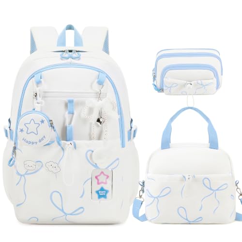 DIGOBAY Backpack for Girls, 5PCS School Bookbag with Lunch Box Pencil Case - color: White Blue Bow