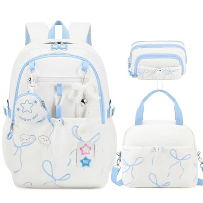 DIGOBAY Backpack for Girls, 5PCS School Bookbag with Lunch Box Pencil Case - color: White Blue Bow