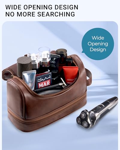 Elviros Toiletry Bag for Men PU Leather Shaving Dopp Kit (Dark Brown) - color: Dark Brown, size: Large (Pack of 1)