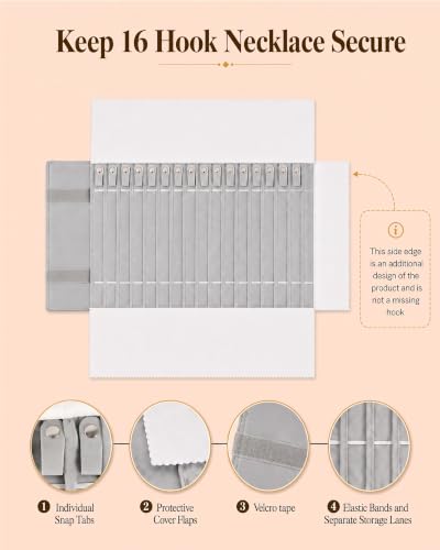 Travel Necklace Organizer, Tangle Free Jewelry Case, 16 Slots - color: Gray PU and Gray Velvet