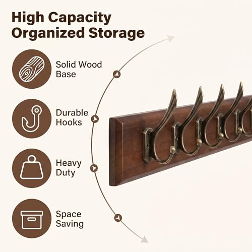 Wall Mounted Coat Rack with Solid Wood, 6 Bronze Metal Hooks – 23.22 Inch Rustic Brown Entryway Organizer for Hanging Coats, Hats, Jackets, Scarves, Bags, for Hallway, Bedroom, Bathroom（6Hooks） - size: Medium