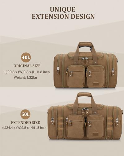 Gonex Duffle Bag for Travel, Expandable 50L Overnight Weekender Gym Bag - color: Coffee, size: Large-50L