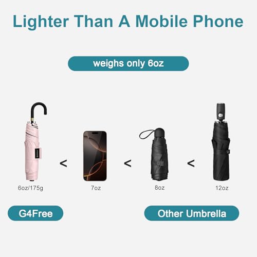 G4Free 미니 여행용 우산 UPF 50+ 초경량 슬림 자외선 차단 파라솔, 햇빛 및 비를 위한 방풍 컴팩트 우산, J 후크 곡선형 손잡이가 있는 휴대용 일본 스타일 여성용 - color: 사쿠라 핑크/블랙