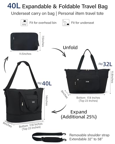 Hanke Underseat 40L Foldable Expandable Travel Tote Bag with 11 Pockets - color: Black