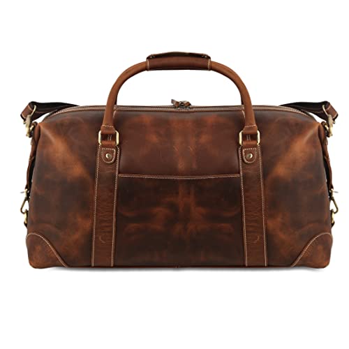 KomalC Leather Travel Duffle Bags for Men and Women Overnight Weekend Bag, Sports Gym Duffel (Dark Tan)