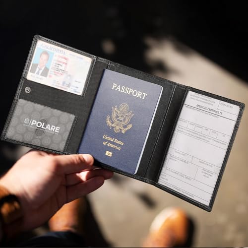 Polare Napa Leather Pilot Wallet Passport Holder RFID Blocking Tri-fold Travel Cover Document Organizer for Aviation Professionals (Black) - color: Black