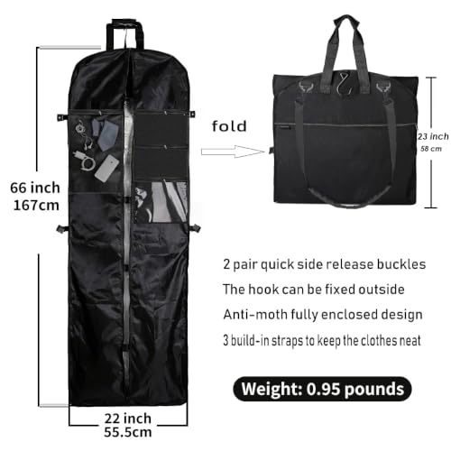 66" Versatile Travelling bags Wedding Dress Travel Garment Bag Tri-Fold Gown Length w/Hanging Hook Extra Pocket - color: 66 inch Black