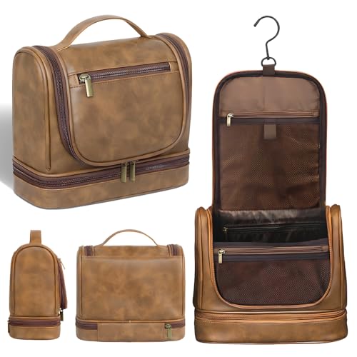 Travel Toiletry Bag For Men and Women, Leather Hanging Toiletry Organizer, Waterproof with Separate Compartments, Travel Kit for Gym Camping and Mens Gift (Light Brown)