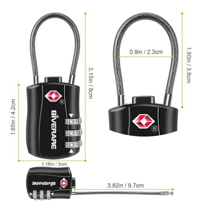 GIVERARE 4 Pack TSA Approved Luggage Locks, Combination Travel Cable Lock, Re-settable 3-Digit Padlocks with Alloy Body, Keyless TSA Padlock for Gym Locker, Golf Bag Case-Black - color: 4 pack Black