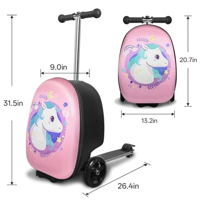 2-in-1 Kids Scooter Suitcase, 19in Large Capacity Ride-On Luggage with LED Light Wheels, Lightweight Carry-On for Fun and Travel, Durable and Cute Patterns Design for Children - color: Pink