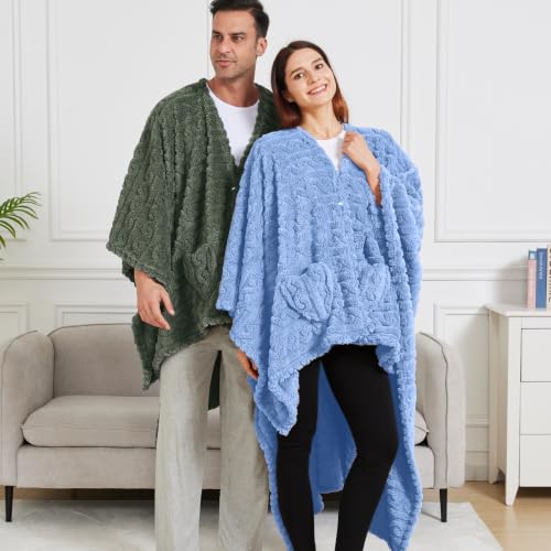 Wearable Blanket Poncho Cape Wrap for Adult, Cozy Sherpa Fleece Pocketed Shawl TV Throw Blankets for Office and Lounge,Light Blue - color: Light Blue