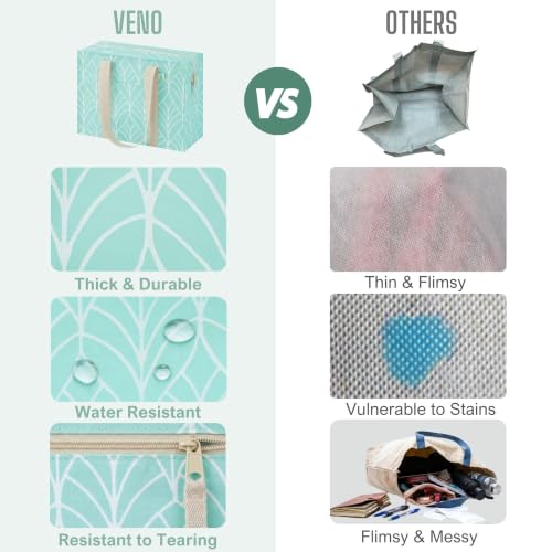 VENO 4 Pack Utility Tote Reusable Grocery Bags with Zipper & Hard Bottom - color: Evergreen, size: 4 Pack
