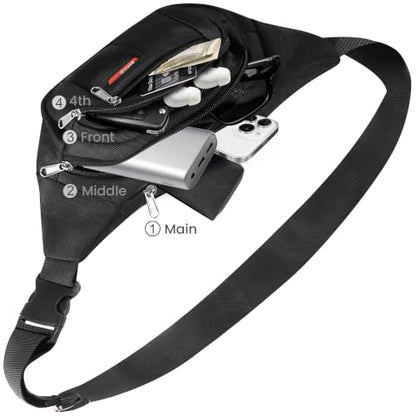 1000D Water-Resistant Fanny Pack 4 Zipper Crossbody Sling Bag for Hiking