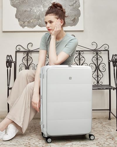 Hanke Expandable Large Checked Luggage, 28 Inch Top Opening Suitcase - color: Smoke White, size: 28 Inch EXT