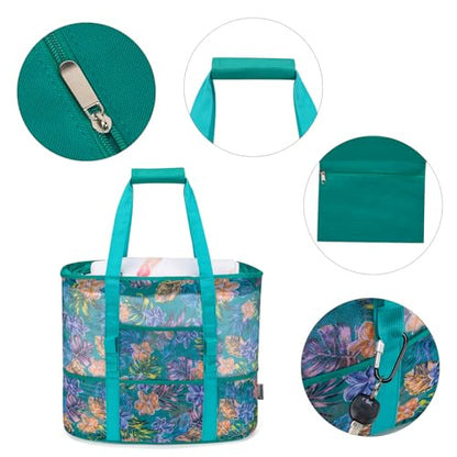 KABAQOO Mesh Beach Bag, Extra Large Beach Bags with 9 Pockets & Zipper Waterproof Lightweight Beach Tote for Beach/Pool Trip - color: Flower, size: X-Large