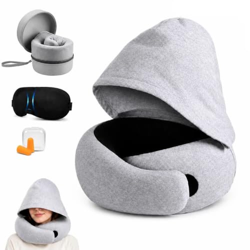 Travel Pillow with Hood - Memory Foam Neck Pillow for Airplane