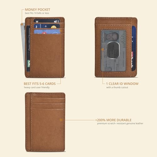 Slim Minimalist RFID Leather Wallet, Front Pocket Card Holder for Men - color: Cognac