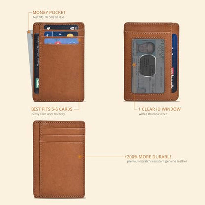 Slim Minimalist RFID Leather Wallet, Front Pocket Card Holder for Men - color: Cognac