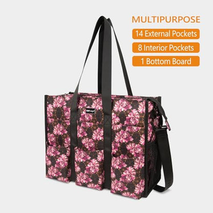 TOPDesign Utility Water Resistant Tote Bag with 22 Pockets, Zipper Closure - color: Baroque Carnation, size: Medium