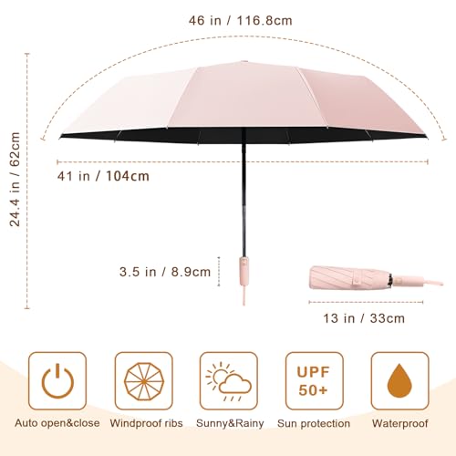 Fogkey 2-Pack Windproof, Waterproof, UV-Blocking Portable Travel Umbrella, Compact Sun & Rain Folding Umbrella, Double Rib Structure, Large Auto Open and Close Car Umbrella - color: PINK+CYAN