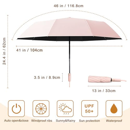 Fogkey 2-Pack Windproof, Waterproof, UV-Blocking Portable Travel Umbrella, Compact Sun & Rain Folding Umbrella, Double Rib Structure, Large Auto Open and Close Car Umbrella - color: PINK+CYAN
