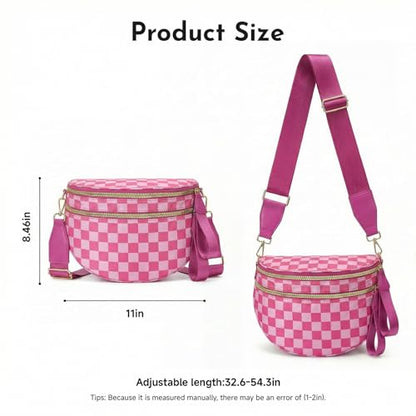 Checkerboard Crossbody Bag for Women, Expandable Plaid Belt Bag Nylon Fanny Pack with Multiple Pockets - color: Hot Pink Checkered