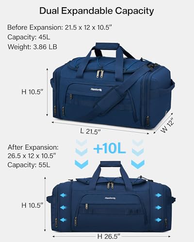 Hanke Duffle Bag for Travel, Dual Expandable 45L-55L Weekender Bags, Blue - color: Blue