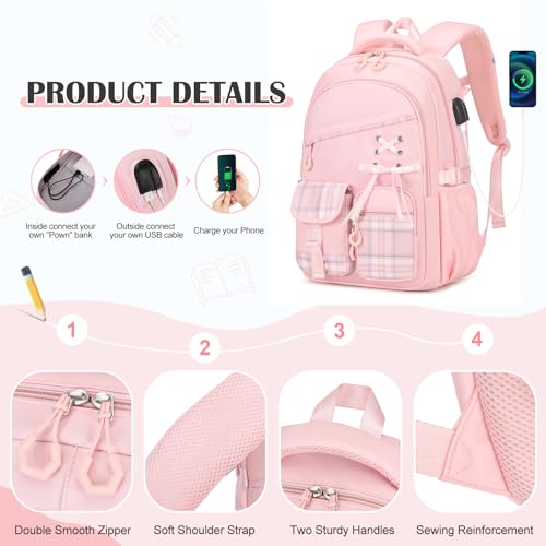 DIGOBAY Backpacks for Girls 3PCS School Backpack Lunch Box Pencil Pouch - color: Pinkplaid