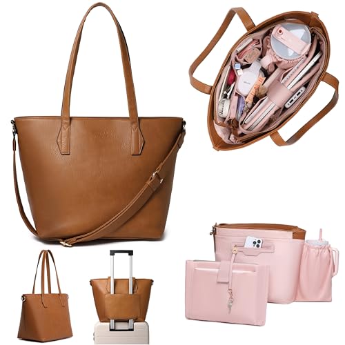 Women’s 16” Laptop Tote Bag, Vegan Leather Work Bag with Cupholder, RFID & Anti-Pickpocket Trolley Sleeve - color: Brown