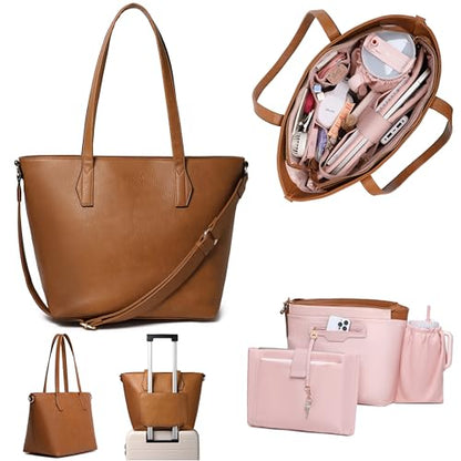 Women’s 16” Laptop Tote Bag, Vegan Leather Work Bag with Cupholder, RFID & Anti-Pickpocket Trolley Sleeve - color: Brown