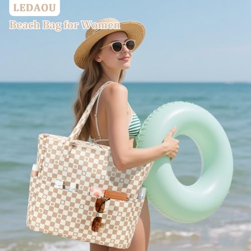 LEDAOU Large Beach Bag for Women, Waterproof Sandproof Tote Bag with Zipper - color: Brown-white