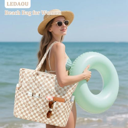 LEDAOU Large Beach Bag for Women, Waterproof Sandproof Tote Bag with Zipper - color: Brown-white
