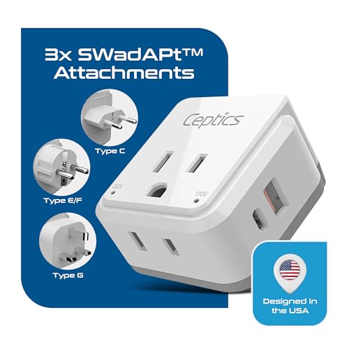 Ceptics 20W European Travel Plug Adapter, 2 USA Outlets, USB-C & USB-A - color: Pure White
