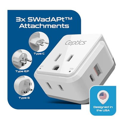 Ceptics 20W European Travel Plug Adapter, 2 USA Outlets, USB-C & USB-A - color: Pure White