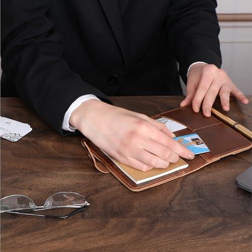 Genuine Leather Refillable Field Notes Cover 3.5 x 5.5 | Handmade Distressed Pocket Journal & Travel Diary Cover with Card Slots, Pen Loop & Passport Pocket Planner Case - color: Tan