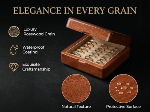 Solid Teak Wood Ring Box, Earring Holder Organizer - color: Khaiki Velvet, size: Small (5"L*5"W*2"H)