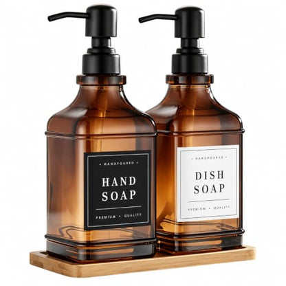 Amber Glass Soap Dispesner Set 2 16.9oz Kitchen Sink Luxury Bathroom Decor - color: Dm2647-brown