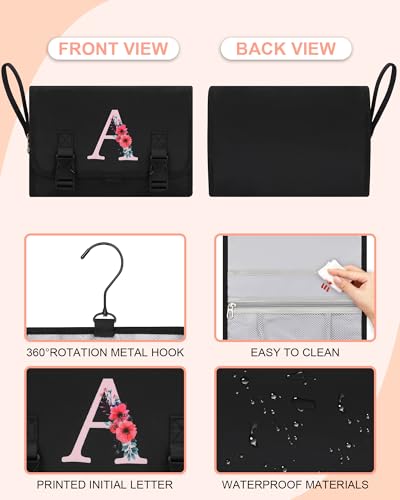 Relavel Travel Initial Makeup Bag, Personalized Hanging Toiletry Bag | Metal Hanging Hook, Large Hanging Organizer for Travel-Sized Shampoo, Conditioner, Trendy Stuff for Trip - Black H - style: H