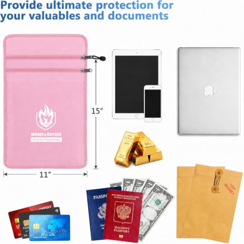 Andyer 2 Pockets Fireproof Document Bag (15"x11"), Protect Values from Fire - color: Pink