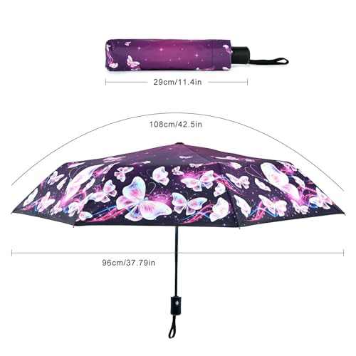 Windproof Travel Umbrella Folding Compact Automatic Umbrellas for Women Men Rain Sun - color: Purple Butterfly